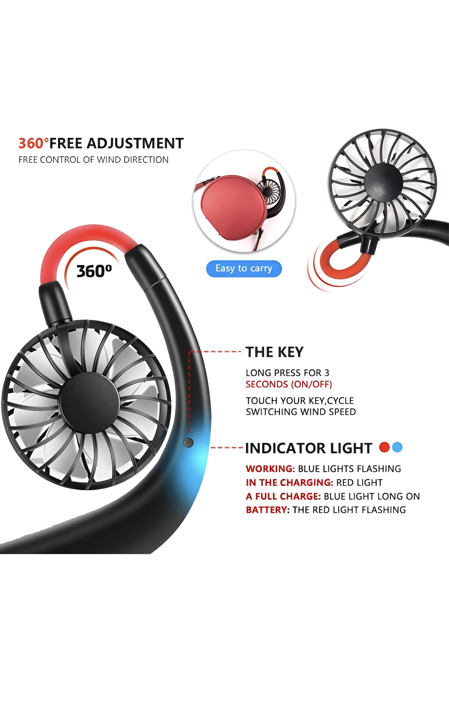 Snap Shop Portable Bladeless Neck Fan – 360° Cooling, Hands-Free, USB Rechargeable Personal Fan for Travel, Sports, Office, Outdoor Use – Quiet Dual Airflow Summer Fan